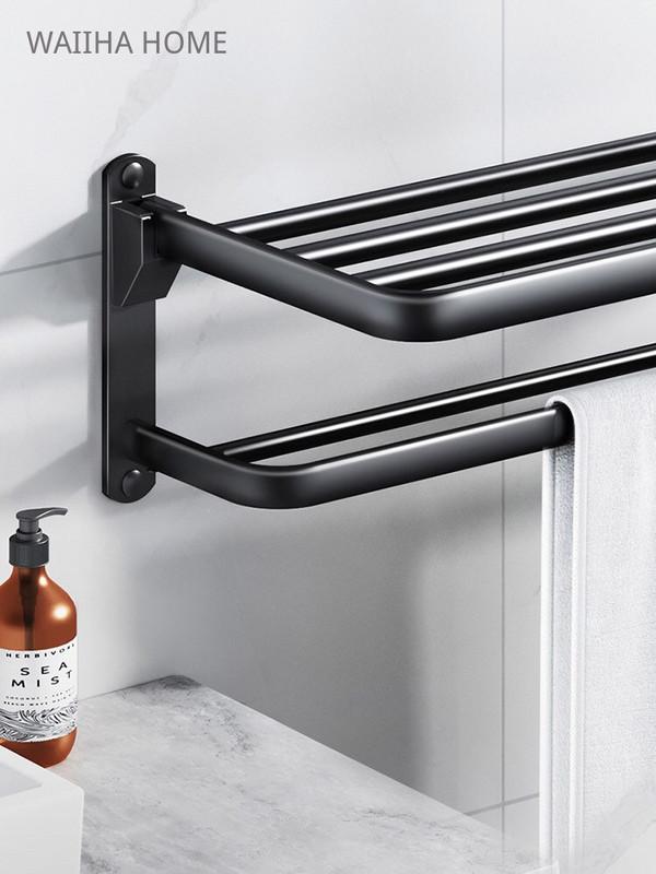 Vonios rankšluosčių kabykla Matinis juodas rankšluosčių laikiklis Aliuminis prie sienos tvirtinamas sulankstomas rankšluosčių kabykla Mados laikymo lentynos kabliukas