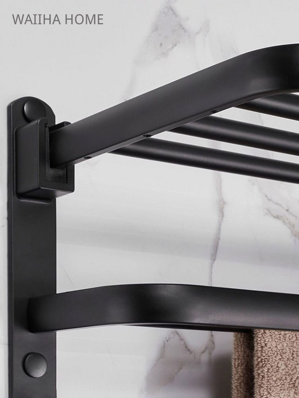 Vonios rankšluosčių kabykla Matinis juodas rankšluosčių laikiklis Aliuminis prie sienos tvirtinamas sulankstomas rankšluosčių kabykla Mados laikymo lentynos kabliukas