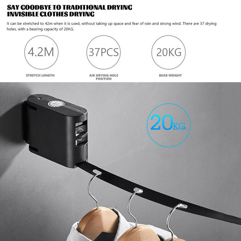 4,2 m visszahúzható fali ruhaszárító kötél, kihúzható ruha, falra szerelhető ruhaszárító kötél csúszásmentes, hordozható utazási erkélyre