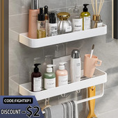 Raft de depozitare pentru baie din aluminiu spațial Raft pătrat fără perforații cu cârlige și tijă Organizator de depozitare accesorii de baie de uz casnic