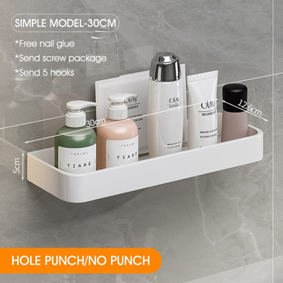 Raft de depozitare pentru baie din aluminiu spațial Raft pătrat fără perforații cu cârlige și tijă Organizator de depozitare accesorii de baie de uz casnic