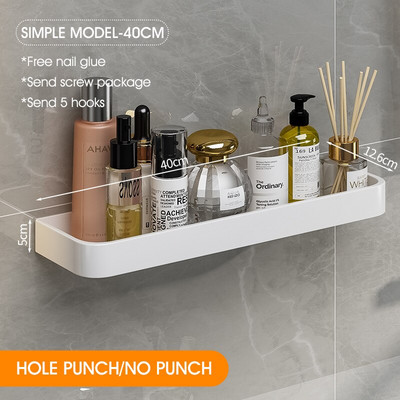 Raft de depozitare pentru baie din aluminiu spațial Raft pătrat fără perforații cu cârlige și tijă Organizator de depozitare accesorii de baie de uz casnic