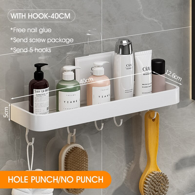 Raft de depozitare pentru baie din aluminiu spațial Raft pătrat fără perforații cu cârlige și tijă Organizator de depozitare accesorii de baie de uz casnic