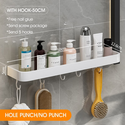 Raft de depozitare pentru baie din aluminiu spațial Raft pătrat fără perforații cu cârlige și tijă Organizator de depozitare accesorii de baie de uz casnic