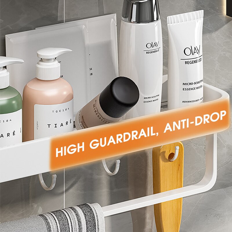 Raft de depozitare pentru baie din aluminiu spațial Raft pătrat fără perforații cu cârlige și tijă Organizator de depozitare accesorii de baie de uz casnic