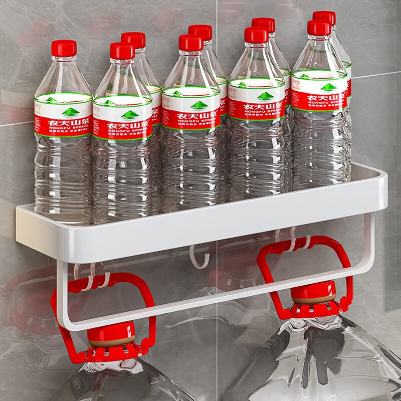 Raft de depozitare pentru baie din aluminiu spațial Raft pătrat fără perforații cu cârlige și tijă Organizator de depozitare accesorii de baie de uz casnic