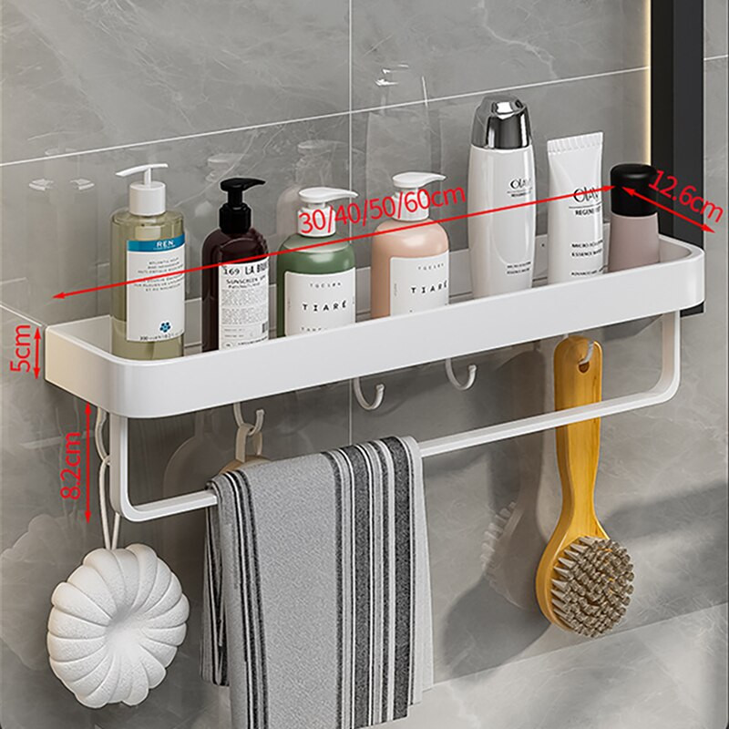 Raft de depozitare pentru baie din aluminiu spațial Raft pătrat fără perforații cu cârlige și tijă Organizator de depozitare accesorii de baie de uz casnic