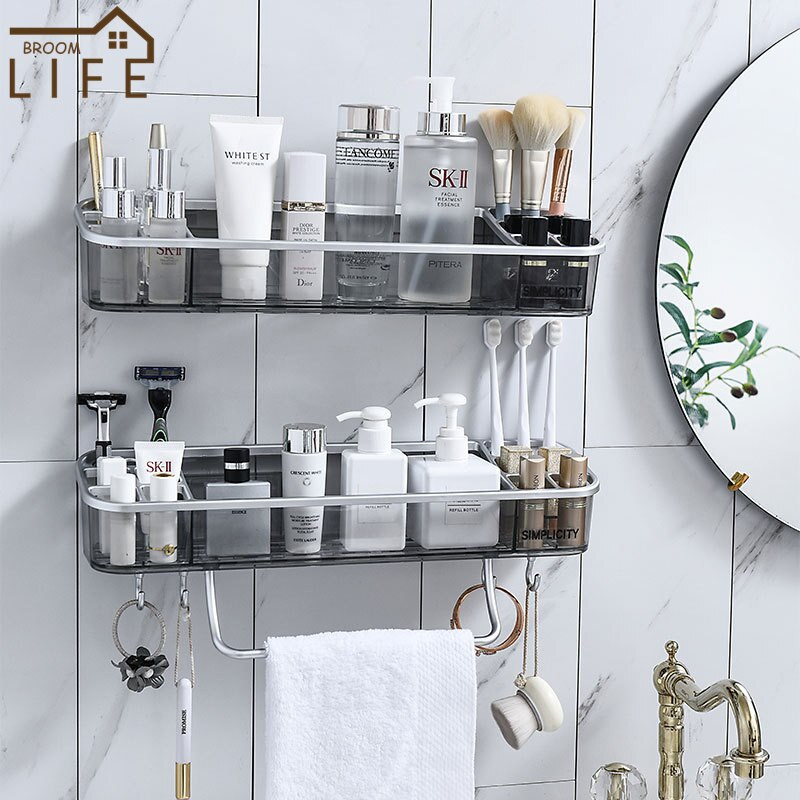 Vonios kambario laikymo lentyna rankšluosčių kabykla Sieninė dušo kabina šampūno lentyna su keturiais kabliais be gręžimo Virtuvės tualeto priedai