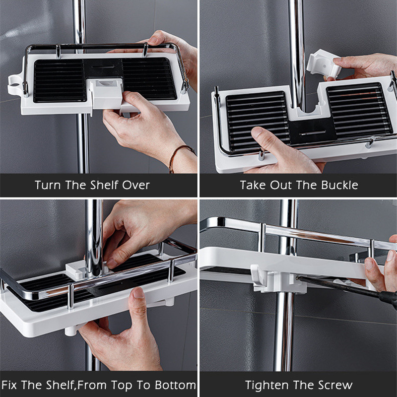 Plaukiojanti dušo lentyna su kabliukais Šampūno laikymo stovo laikiklis Organizatorius Vonios kėlimo strypas Nuimamas stovas be gręžimo krepšelio