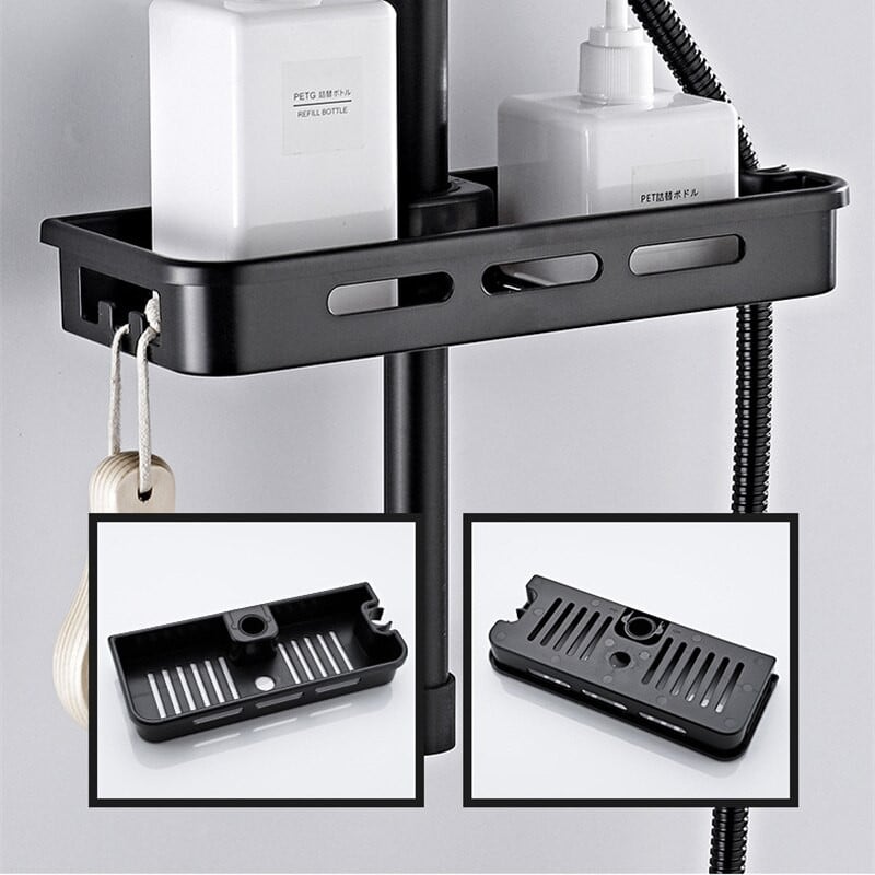 Plaukiojanti dušo lentyna su kabliukais Šampūno laikymo stovo laikiklis Organizatorius Vonios kėlimo strypas Nuimamas stovas be gręžimo krepšelio