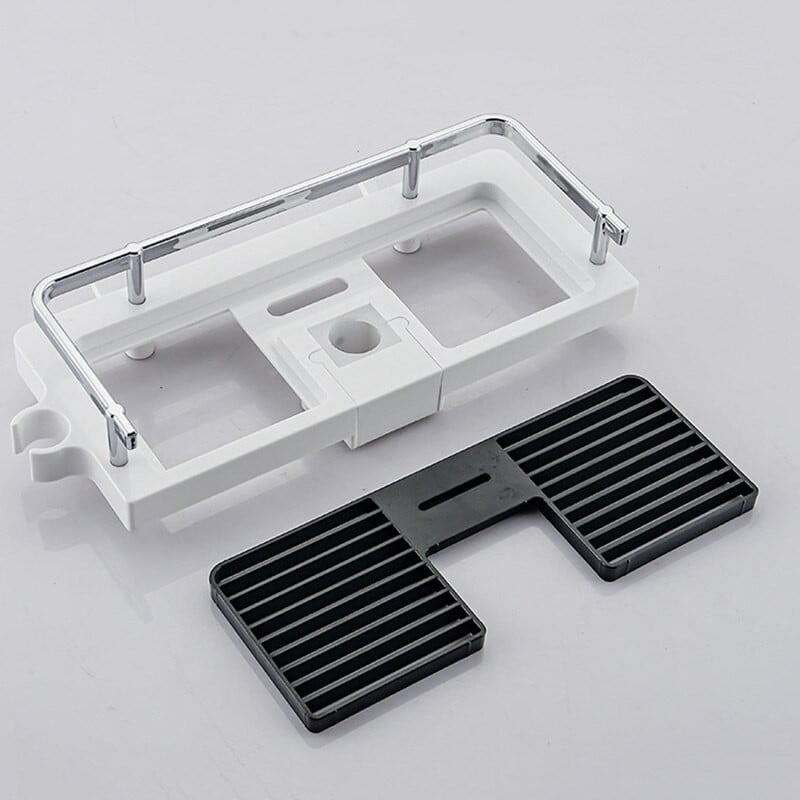 Plaukiojanti dušo lentyna su kabliukais Šampūno laikymo stovo laikiklis Organizatorius Vonios kėlimo strypas Nuimamas stovas be gręžimo krepšelio