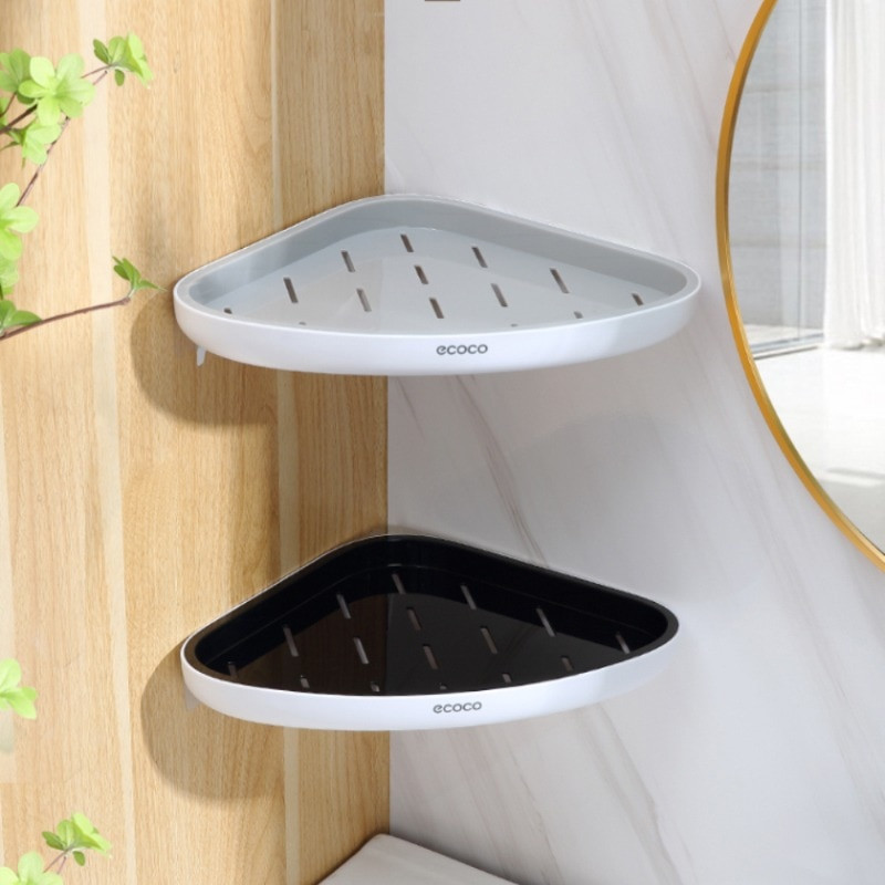 Trikampė kampinė vonios lentyna, montuojama ant sienos