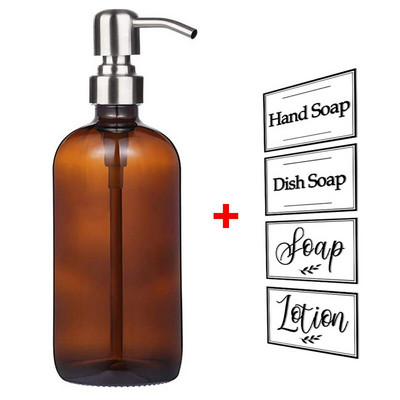 Vastag borostyán színű szappanadagoló üvegedény címkékkel matt fekete rozsdamentes acél pumpás illóolajos lotion szappanpalack 250/500 ml