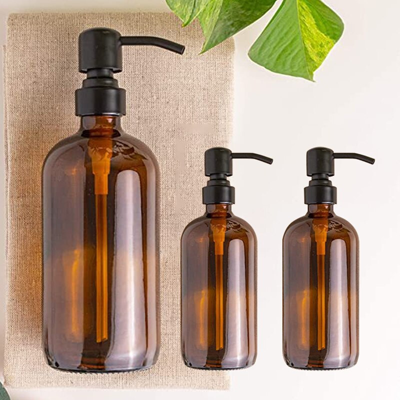 Vastag borostyán színű szappanadagoló üvegedény címkékkel matt fekete rozsdamentes acél pumpás illóolajos lotion szappanpalack 250/500 ml