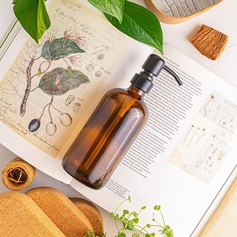 Vastag borostyán színű szappanadagoló üvegedény címkékkel matt fekete rozsdamentes acél pumpás illóolajos lotion szappanpalack 250/500 ml