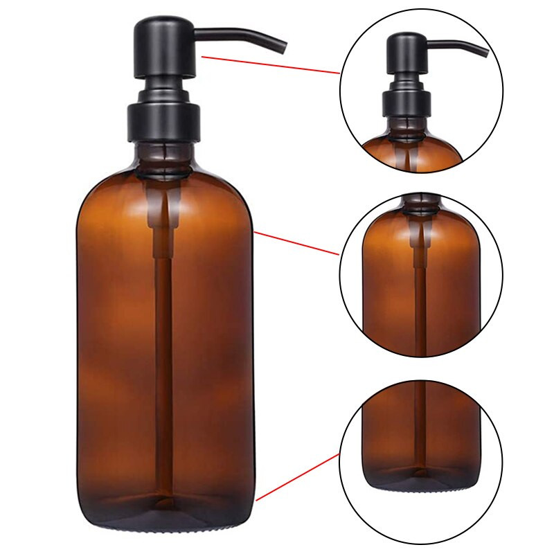 Vastag borostyán színű szappanadagoló üvegedény címkékkel matt fekete rozsdamentes acél pumpás illóolajos lotion szappanpalack 250/500 ml