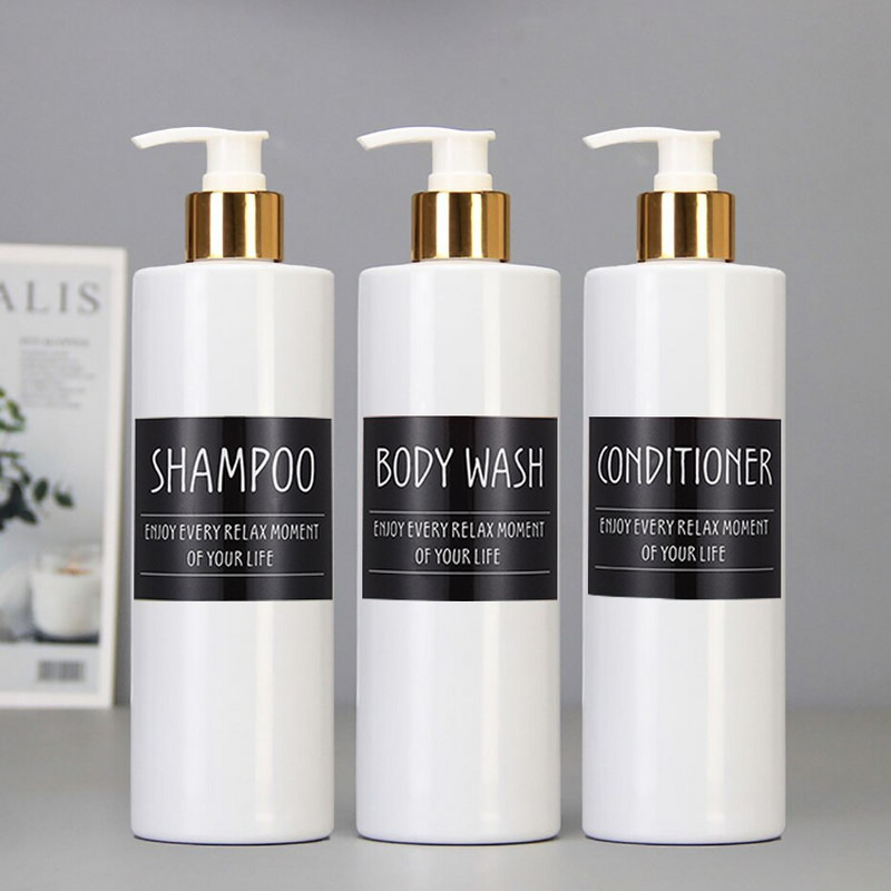 500 ml balto muilo dozatorius su juodomis etiketėmis Vonios šampūnas Kūno prausiklis Kondicionierius dozatorius buteliukas Vonios laikiklio dėklas
