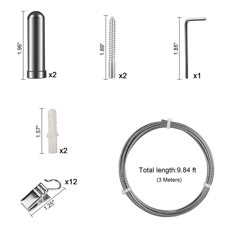 Karštas išpardavimas užuolaidų užuolaidų vielos strypų rinkinys su 12 spaustukų, nerūdijančio plieno paveikslėlis, pakabinamas viela.