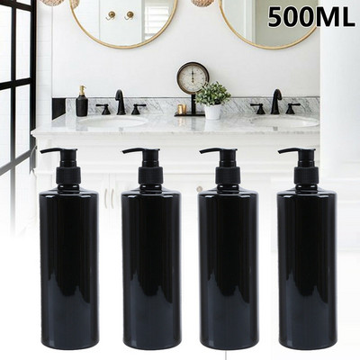4 vnt daugkartinio užpildymo 500 ml tušti losjono pompos buteliukai, skirti gelinio muilo dozatoriaus šampūnui, juodam plokščiam pečių presavimo losjono buteliukų rinkinys