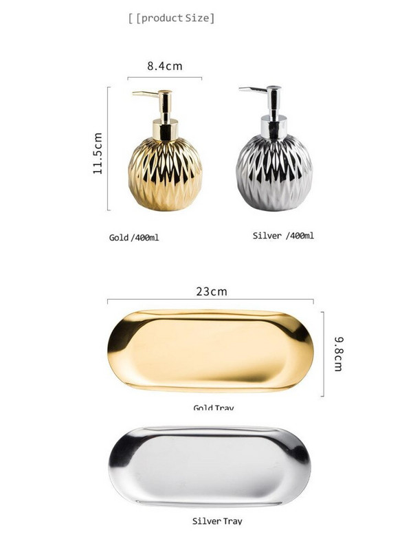 Luxus arany szappanadagoló nyomófogantyúval Kerámia adagoló Ezüst adagoló rozsdamentes acél tálcával Fürdőszoba tartozék