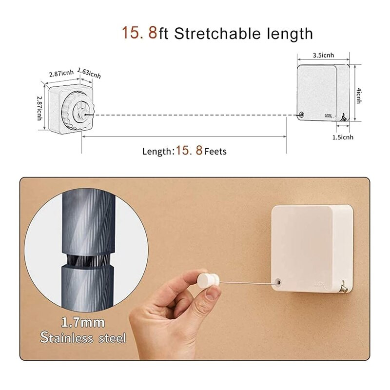 Cursă de rufe retractabilă, linie de uscare a rufelor rezistente, montată pe perete, linie de uscare din oțel inoxidabil, 15,8 picioare (alb)