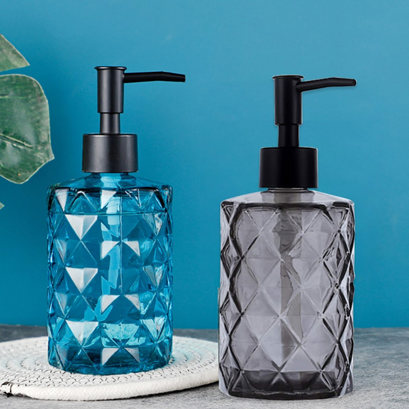 Juodas stiklinis muilo dozatorius rankų dezinfekcijos buteliukas vonios kambarys didelis su skysčiu, tušti buteliukai 330 ml