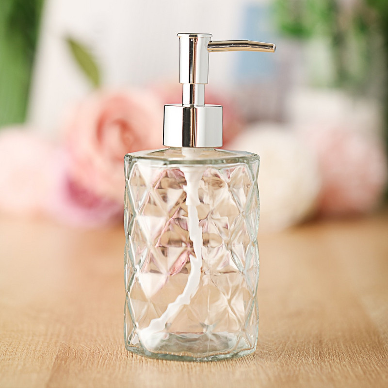 450 ml Stiklo Vintage rankinio slėgio skysto muilo dozatorius Vonios kriauklės priedas Didelės talpos neslystantis baltas sidabras