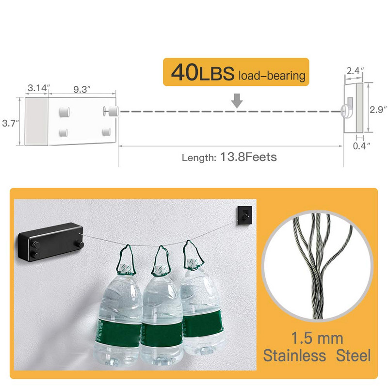 Carcasă retractabilă din ABS + uscător din aluminiu cu șnur dublu reglabil din oțel inoxidabil, montat pe perete.
