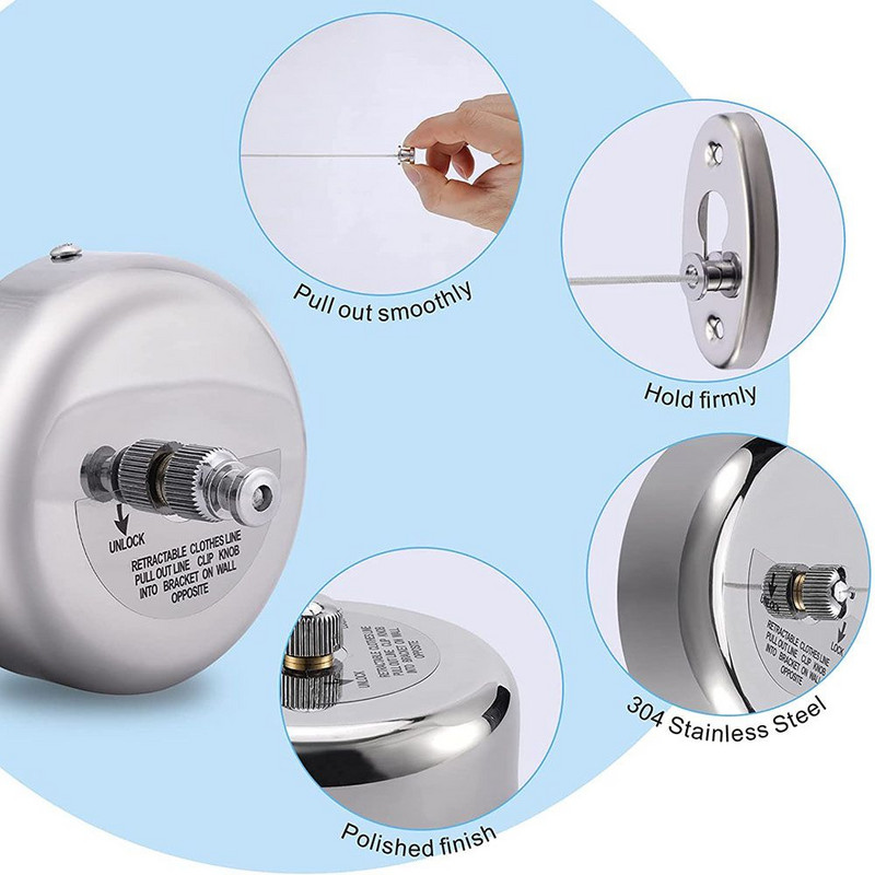 Állítható beltéri kültéri tartós, lyukasztás nélküli ruhaszál rozsdamentes acél drót teleszkópos