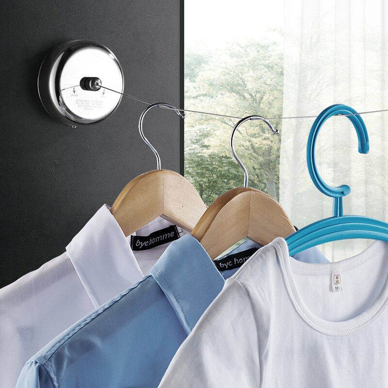 Sieninis nerūdijančio plieno ištraukiama drabužių linija namuose Vidaus lauko skalbinių kabykla Drabužių vonios kambario džiovinimo lentynos virvė