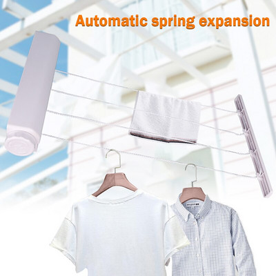 Suport de rufe telescopic automat, cu 4 fire, montat pe perete, umeraș retractabil pentru uscare pentru interior prosop cu cârlig