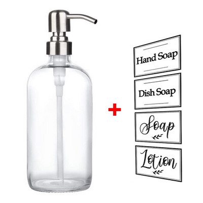 250/500 ml-es vastag, átlátszó üvegedényes szappanadagoló címkékkel, rozsdamentes acél sampon pumpás illóolajos lotion szappanpalack