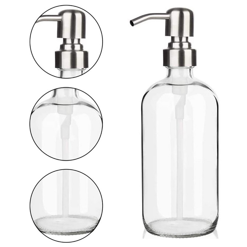 250/500 ml-es vastag, átlátszó üvegedényes szappanadagoló címkékkel, rozsdamentes acél sampon pumpás illóolajos lotion szappanpalack