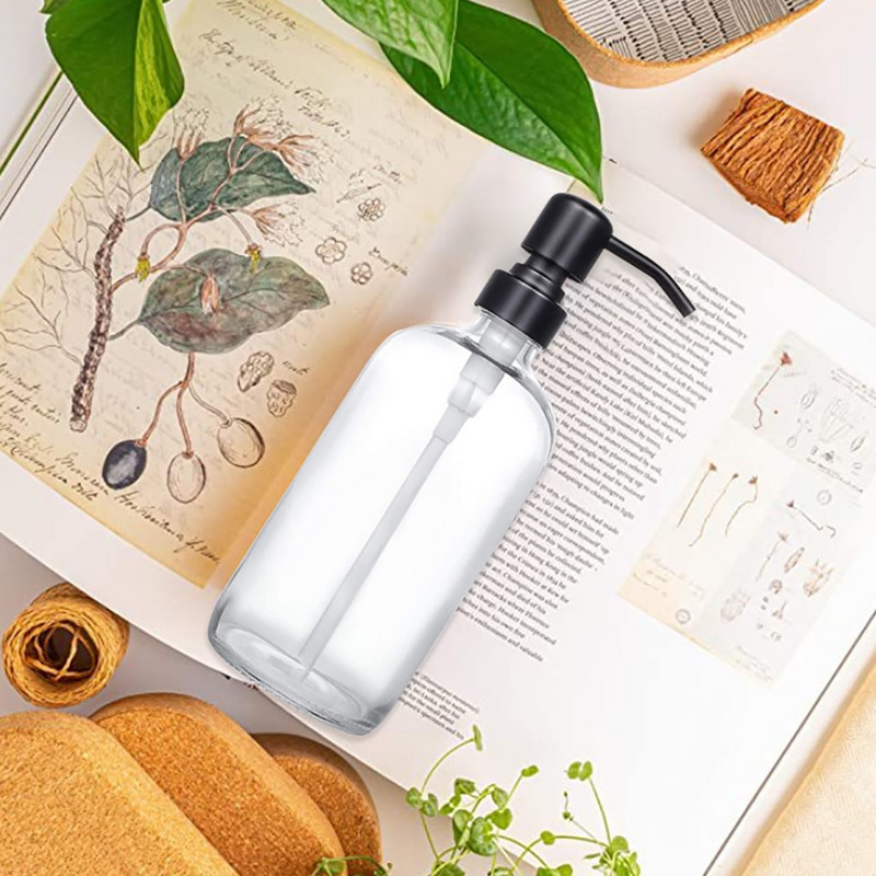 250/500 ml-es vastag, átlátszó üvegedényes szappanadagoló címkékkel, rozsdamentes acél sampon pumpás illóolajos lotion szappanpalack