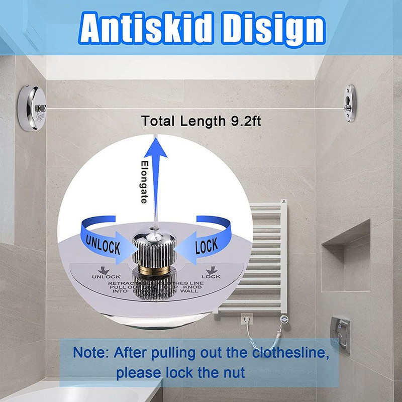 Sârmă de sârmă de 2,8 m Sârmă de rufe durabilă, telescopică, din oțel inoxidabil, fără perforare