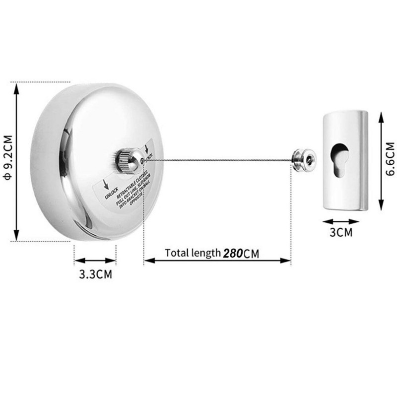 Sârmă de sârmă de 2,8 m Sârmă de rufe durabilă, telescopică, din oțel inoxidabil, fără perforare