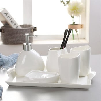Част за домашно миене Скандинавски аксесоар за миене на баня Бял керамичен дозатор за сапун Бутилка Вода за уста Чаша Сапунерка Чаша за четка за зъби