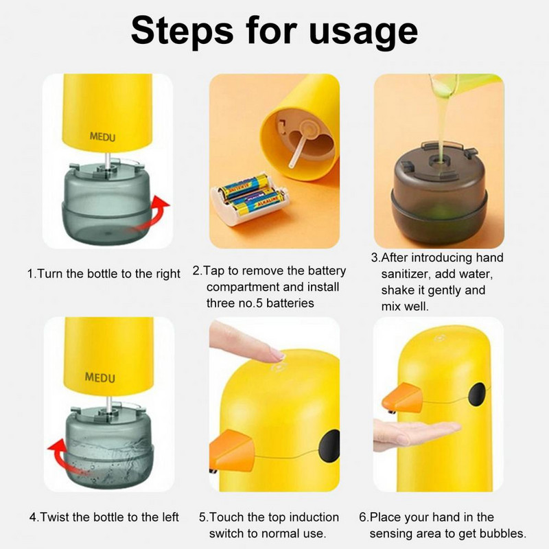 220 ml muilo dozatorius Cartoon Duck Design su baterijomis valdomas reguliuojamas saugojimo ABS automatinis indukcinis rankų dezinfekcijos dozatorius