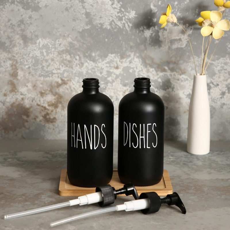 2vnt muilo dozatorius juodas matinis buteliukas 500ml rankinio muilo indų muilo talpykla, pripildomas preso butelis su padėklu