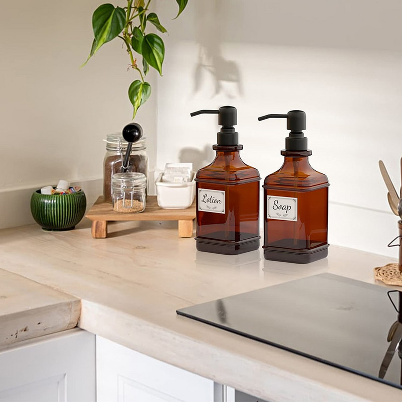 500 ml indų muilo dozatorius virtuvės kriauklei, storas gintaro spalvos stiklinis buteliukas su plienine pompa Vonios indas losjonui eteriniam aliejui