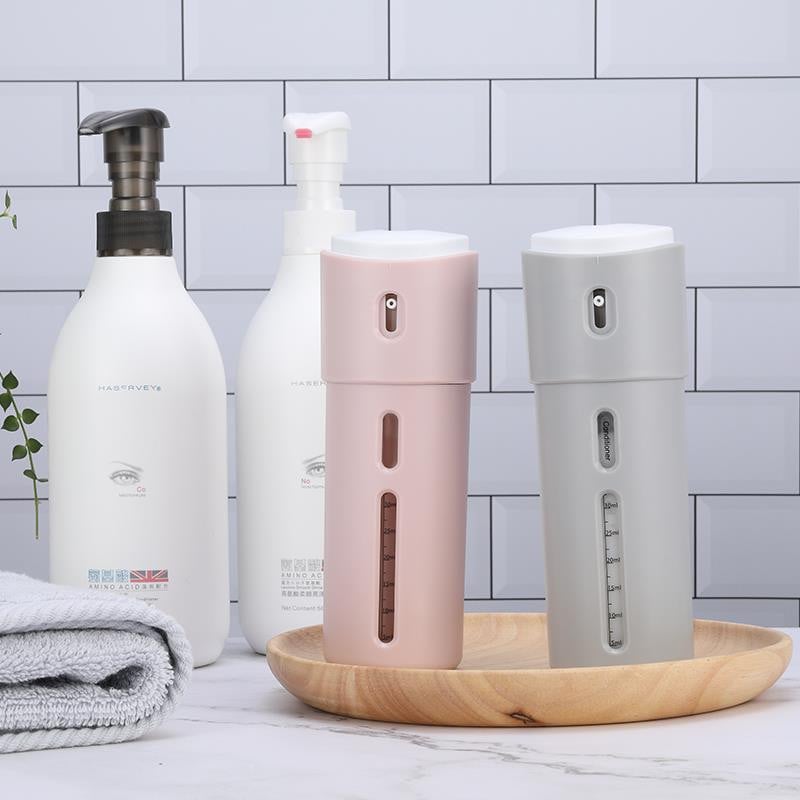 Travel Dispenser Split Bottle Sampon Lotion Tusfürdő Szappanpalack 4 az 1-ben Üres Alsópalack Prés Tartály Újratölthető Palackok