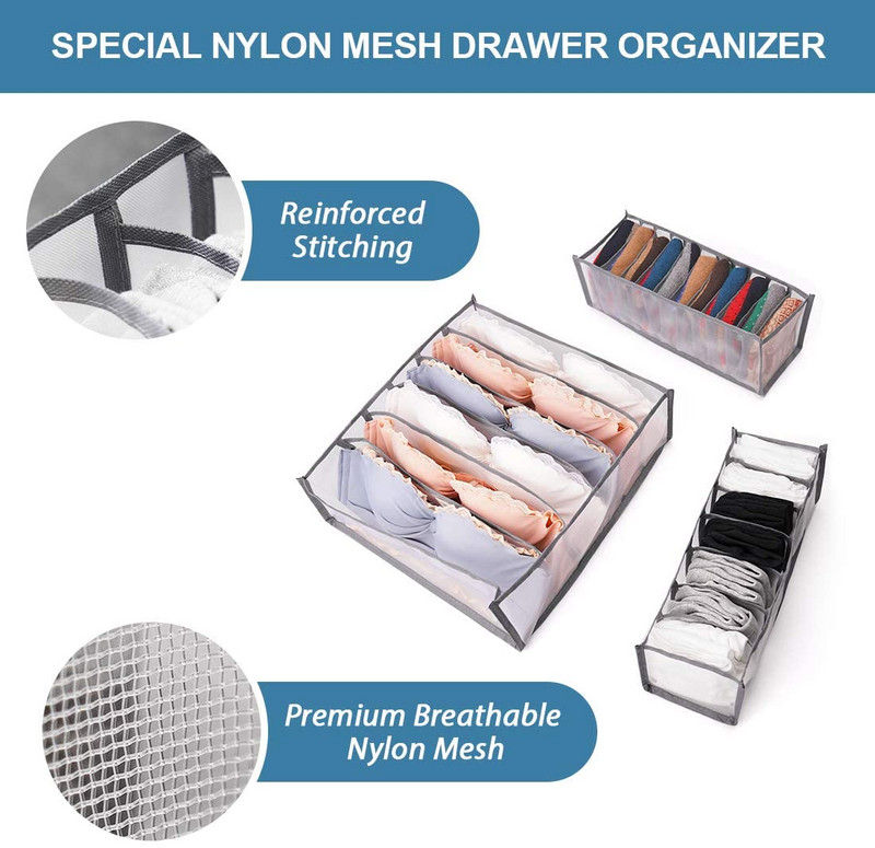 3 db/Szett Szekrény rendszerező tároló doboz elválasztott melltartó tároló doboz háztartási 7 rácsos zokni rendszerező doboz összecsukható fiókos rendszer