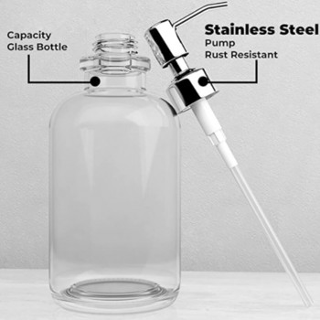 Стъклен дозатор за сапун за кухня, баня, прозрачен шампоан, бутилка за душ, помпа от неръждаема стомана с 4 бр. прозрачни стикери, 500 ml