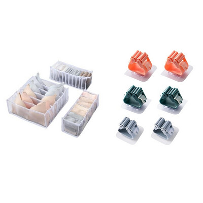 3 db fehérnemű melltartó rendszerező tároló doboz fiókos szekrény rendszerezők 6 db konyhai kampóval seprű szerszám felmosó tartóval