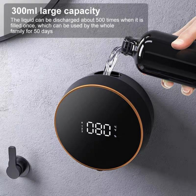 300 ml LED hőmérséklet kijelző szappanadagoló, automatikus USB töltés, érintésmentes hordozható folyékony szappanadagoló fürdőszobai tartozék