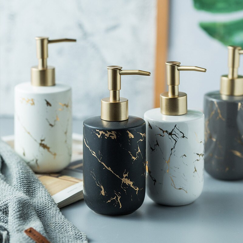 Márványutánzat 400 ml kerámia folyékony szappanadagoló kézfertőtlenítő konyhai fagyos arany présfejű gél lotion palack B