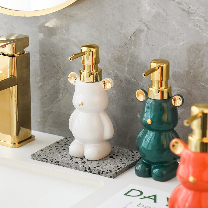 Keraminis losjono buteliukas, modeliavimas, animacinis gyvūnas, meška, siurblio galvutė, presas, muilo dozavimo buteliukai vonios kambario laikymo priedai