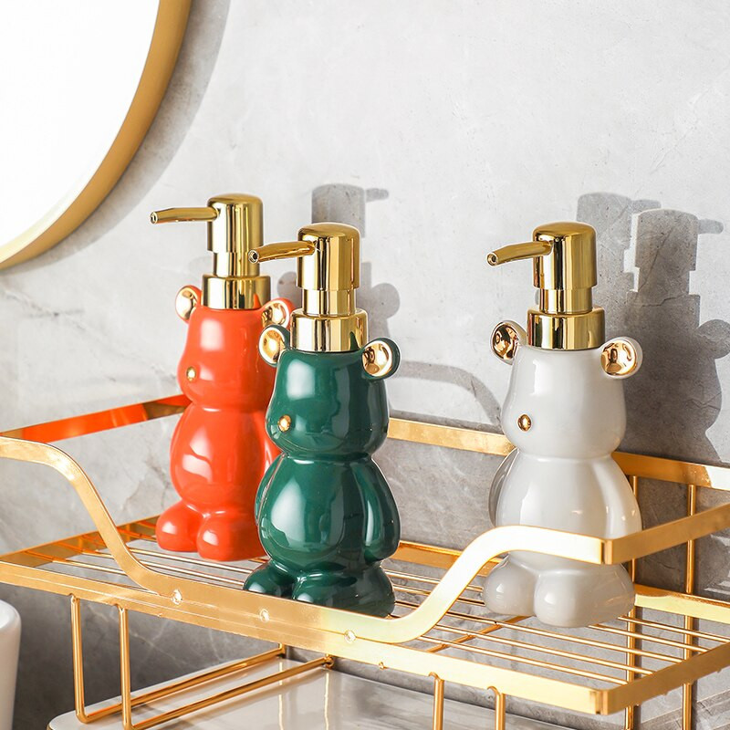 Keraminis losjono buteliukas, modeliavimas, animacinis gyvūnas, meška, siurblio galvutė, presas, muilo dozavimo buteliukai vonios kambario laikymo priedai