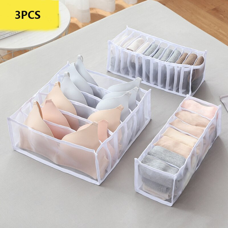 3 buc/set Grid Cutie de depozitare pentru lenjerie de corp, șosete, sutien, chiloți, organizare, sertar, despărțitor ordonat, cutii de țesături din plasă cu plasă #A