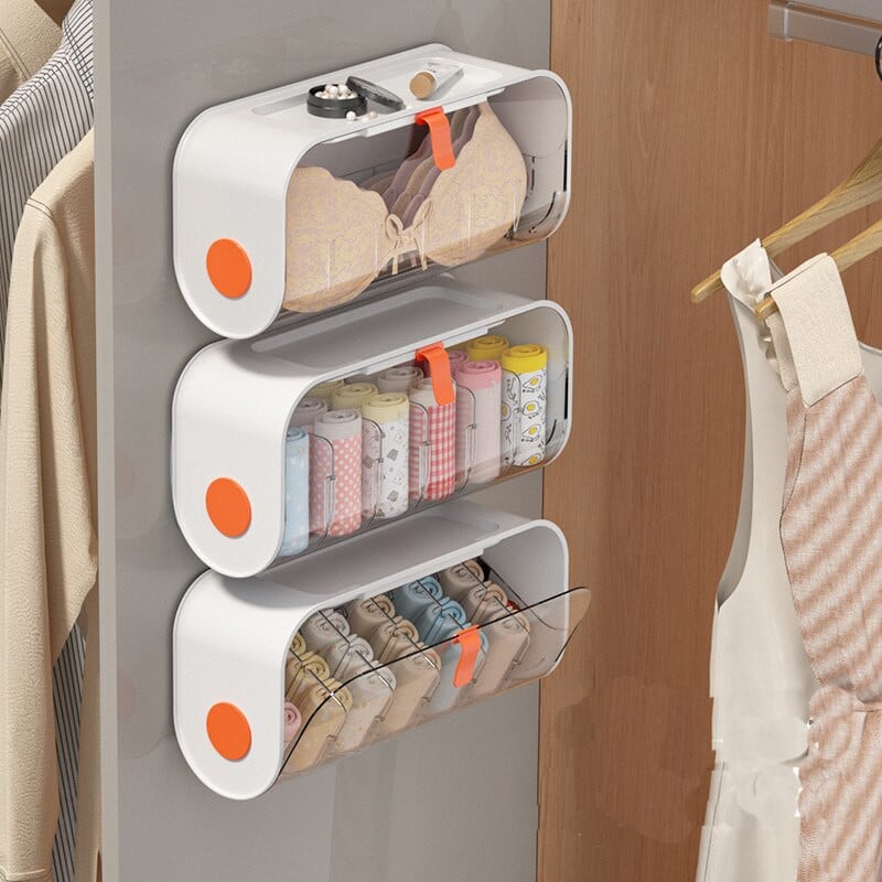 Ant sienos tvirtinama kojinių laikymo dėžutė apatinių kelnaičių organizatorius Didelės talpos dulkėms nepralaidus skaidrios liemenėlės laikymo dėžutė prie lovos